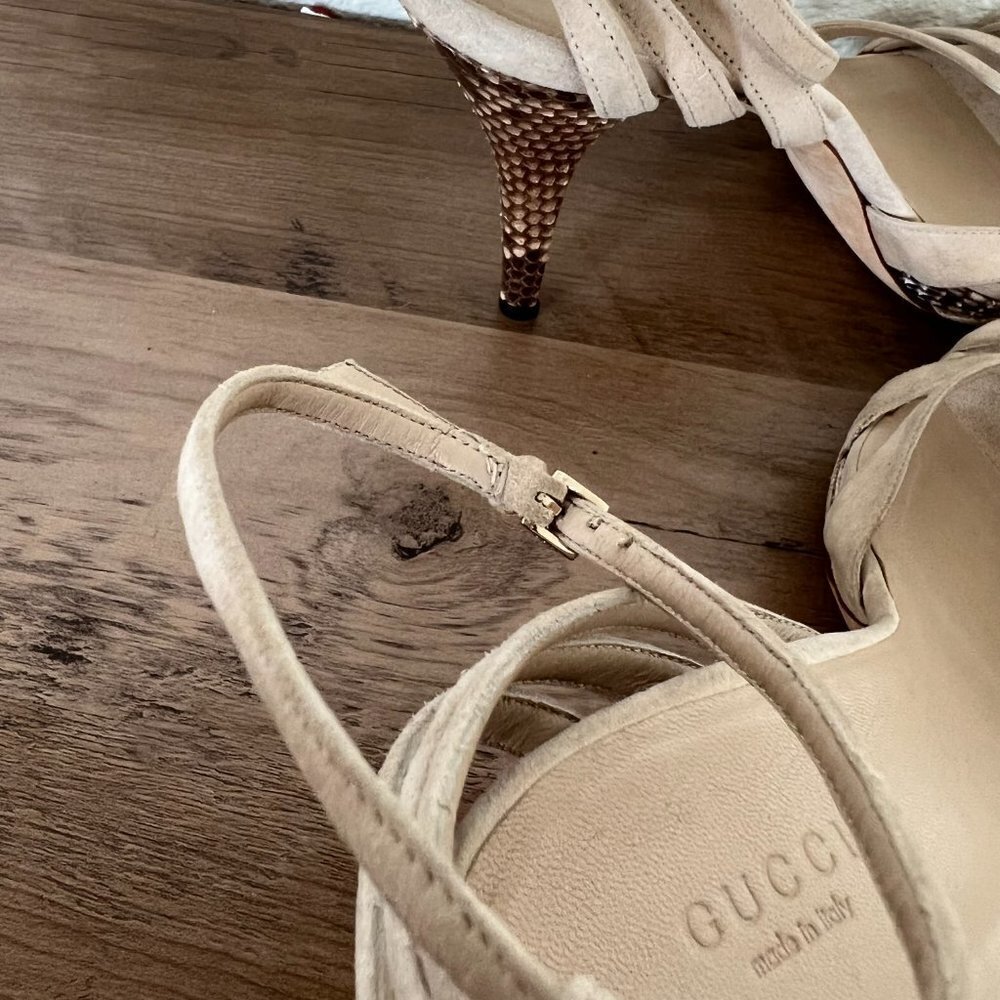 Gucci Suede Leather Python Heel Ankle Strap Pumps… - image 6